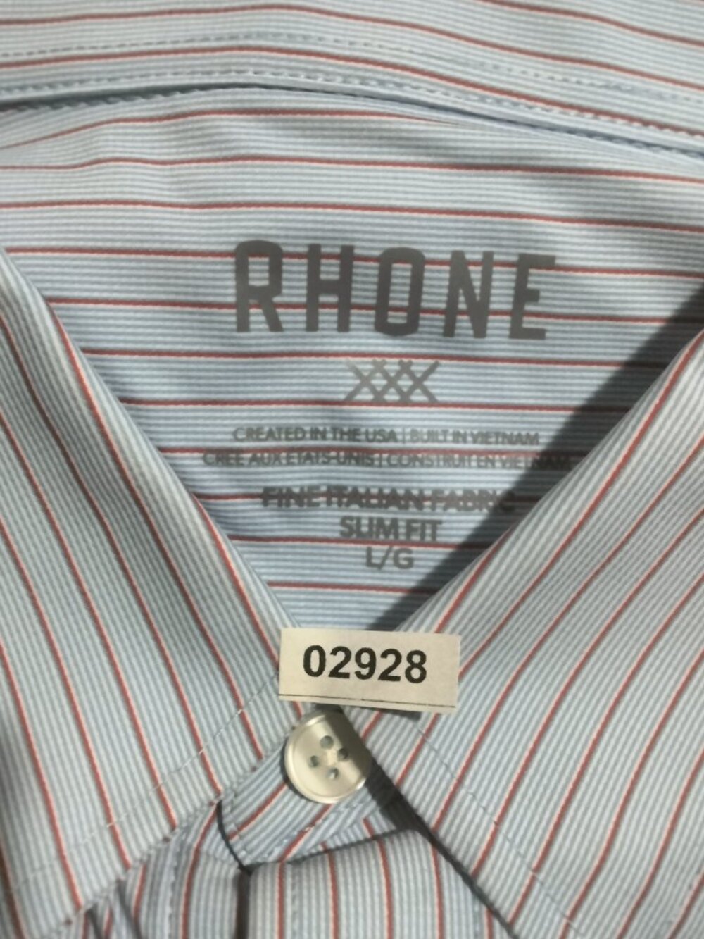 Rhone Commuter Button Shirt Slim Fit Mens L Blue Burnt Coral Stripe Performance - Picture 7 of 7